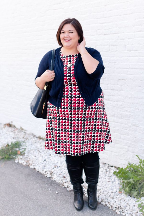 Plus size fashion blogger Authentically Emmie in the Talbots Modern Houndstooth Fit-and-Flare Dress