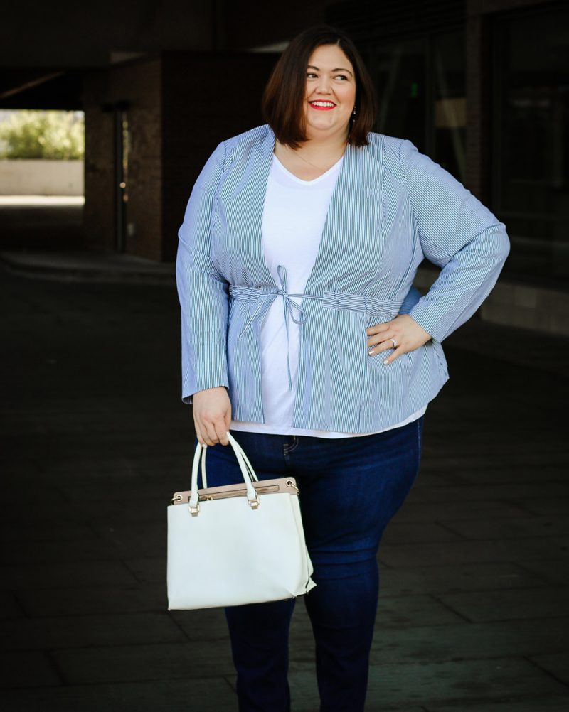 Plus size summer outfit idea with seersucker jacket and jeans from Lane Bryant