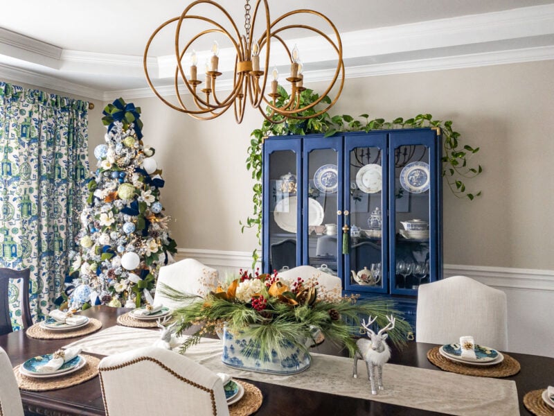 Holiday Home Tour 2020 8 Chinoiserie blue and white dining room Christmas tree