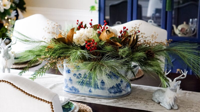 Holiday Home Tour 2020 14 Christmas centerpiece of greens, golds, and reds in a chinoiserie inspired footbath