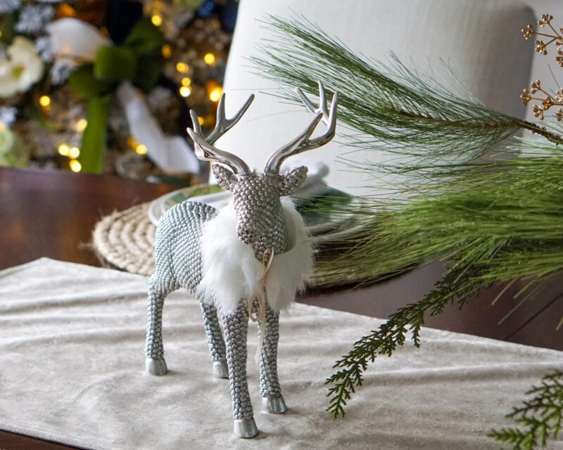 Holiday Home Tour 2020 15 Shiny reindeer decoration with faux fur collar