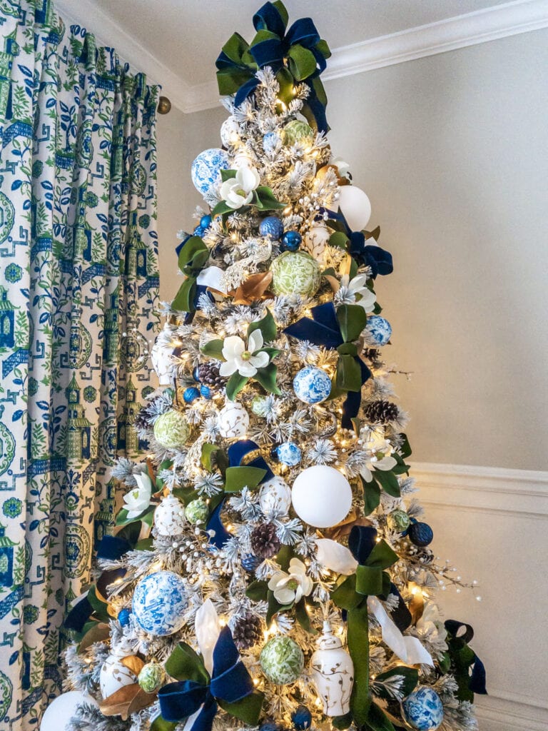 Holiday Home Tour 2020 11 Chinoiserie Christmas tree with green, white, blue, and magnolia accents